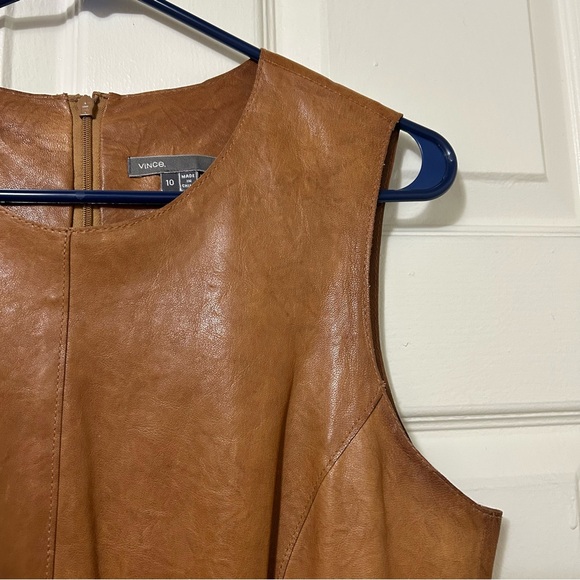 Vince Cognac Brown 100% Leather Mini Shift Dress Size 10 - Picture 7 of 16